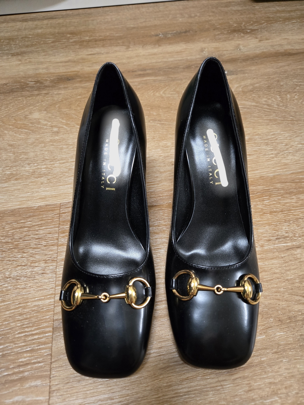 Women's Black Leather Square-Toe Heels with Gold Horsebit
